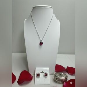 CZ Red Heart Pendant and Silver Plate Necklace and Earrings Set.